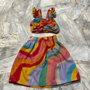 Multicolor Wave Striped Ruffle Straps Shirt with Skirt and Hair Elastic